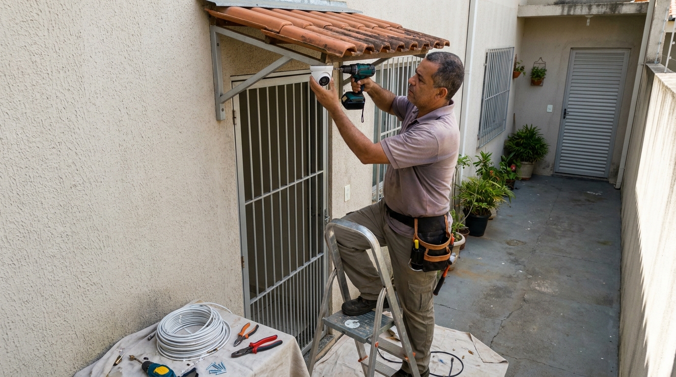 Eletricista instalando cameras de seguranca em Brasília‑DF