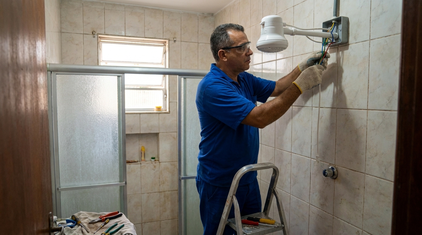 Eletricista instalando chuveiro eletrico em Brasília‑DF