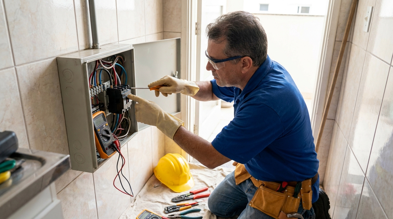 Eletricista instalando disjuntor em Brasília‑DF