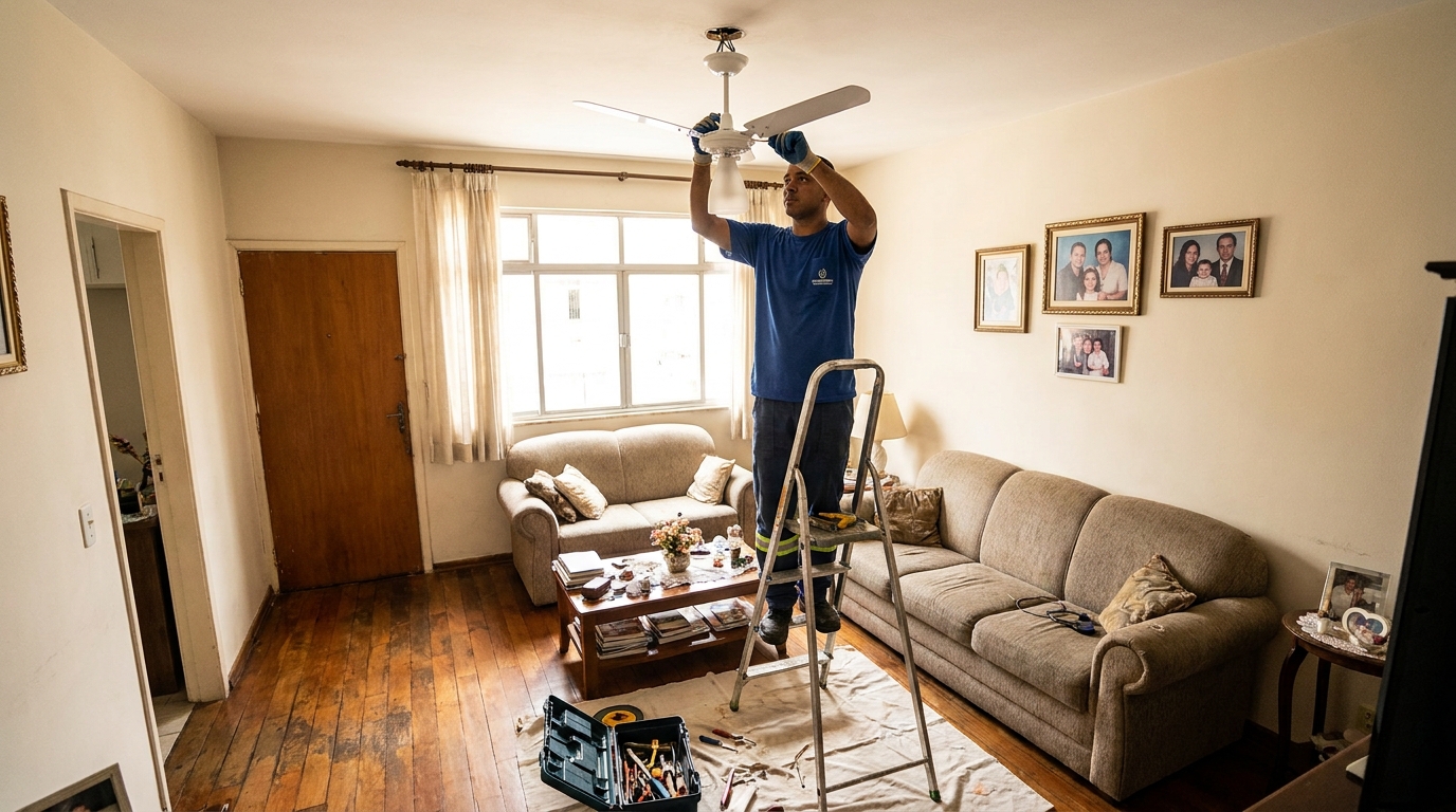 Eletricista instalando ventilador de teto em Brasília‑DF